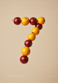 Number seven formed with fresh oranges and blood oranges