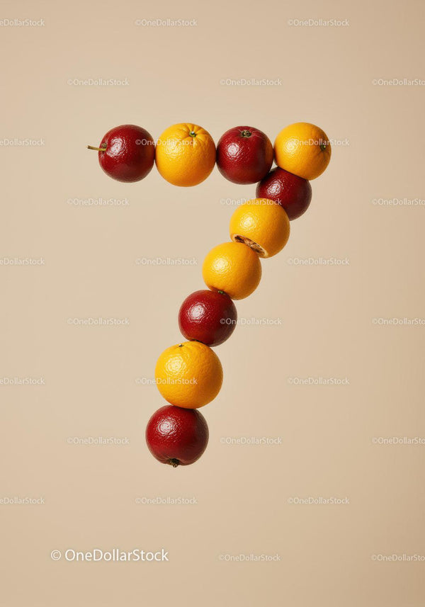 Number seven formed with fresh oranges and blood oranges
