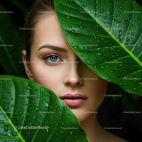 Close-up of Beautiful Woman with Blue Eyes Surrounded by Green Tropical Leaves