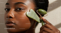 Elegant Asian Woman with Jade Roller for Facial Skin Rejuvenation