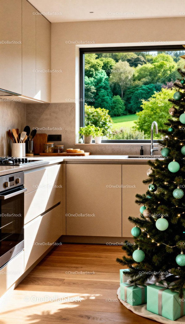 Modern kitchen with Christmas tree and scenic window view