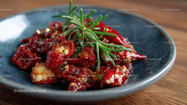 Spicy Red Chili Peppers with Fresh Herbs on Dark Plate