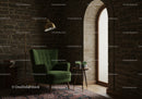 Cozy green armchair near arched window in rustic room