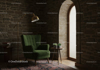 Cozy green armchair near arched window in rustic room