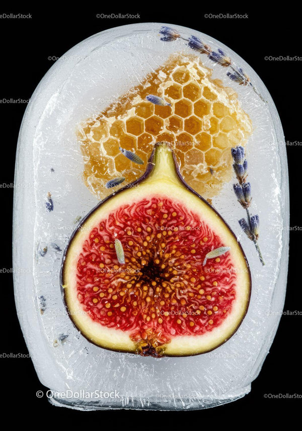 Frozen fig with honeycomb and lavender flower closeup