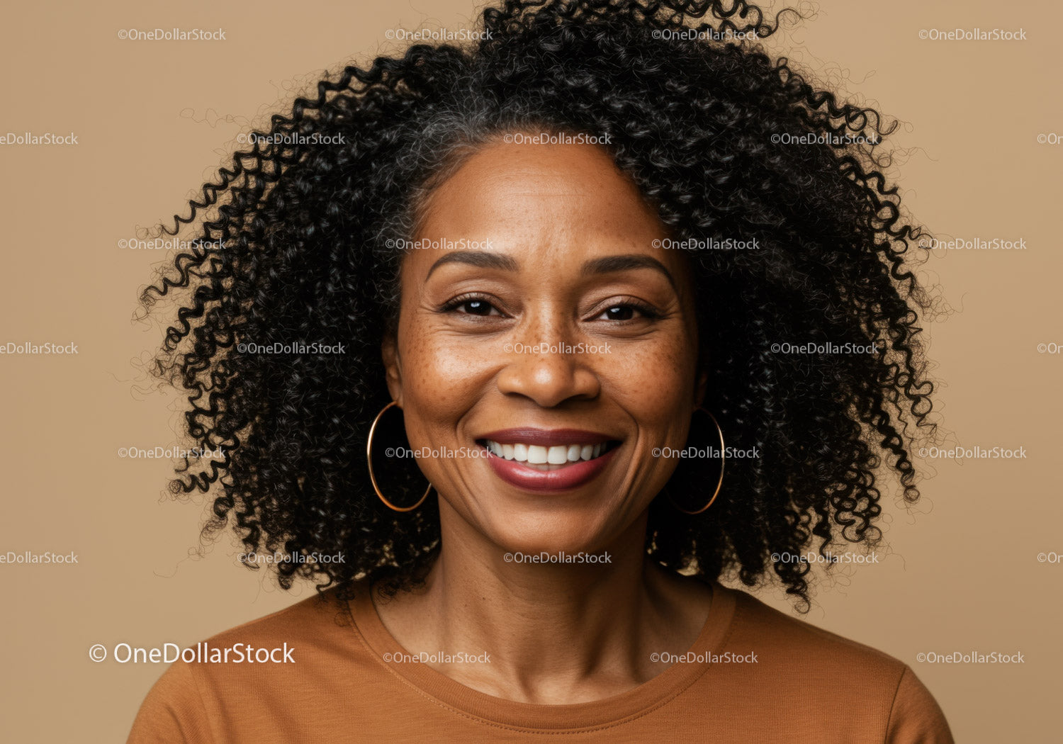 Portrait of a Happy African American Woman with Curly Hair and Hoop Earrings
