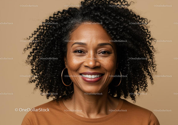 Portrait of a Happy African American Woman with Curly Hair and Hoop Earrings