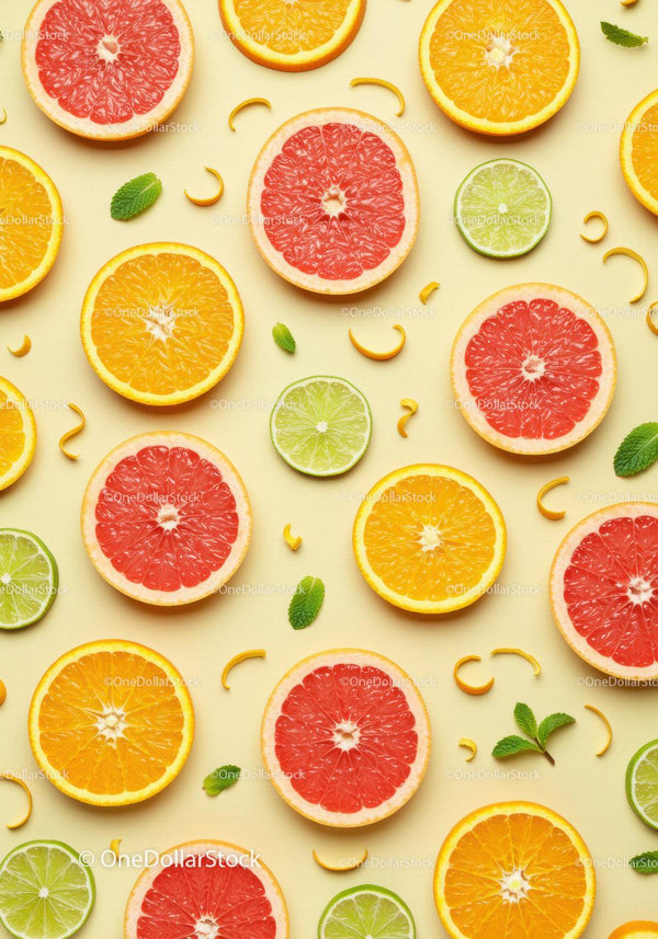 Fresh citrus slices with mint on light background