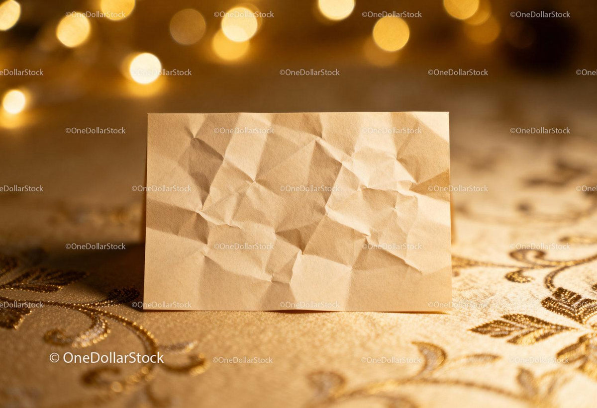 Blank crumpled paper on elegant golden fabric background
