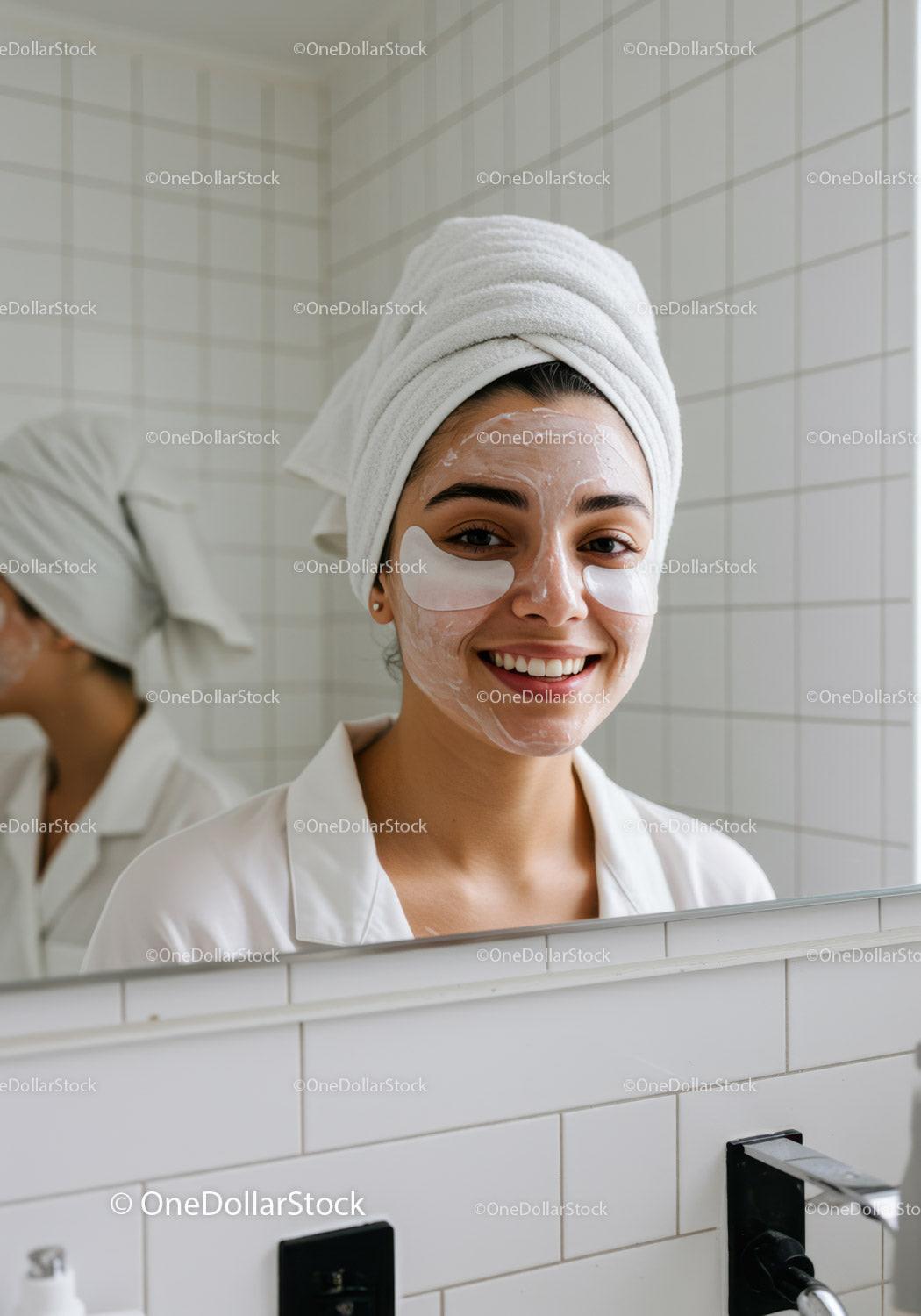 Smiling young woman with skincare mask and eye patches