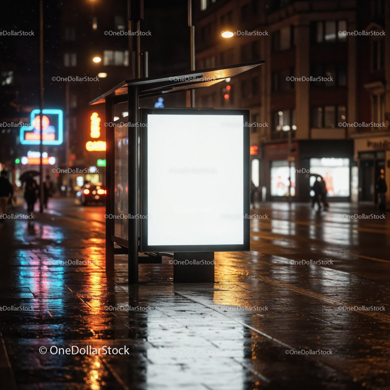 Night City Scene with Illuminated Billboard and Reflections