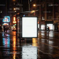 Night City Scene with Illuminated Billboard and Reflections