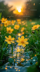 Yellow Daisies Dewdrops Morning Sunlight Nature Scene