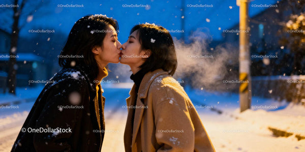 Couple sharing a tender kiss on a snowy winter evening
