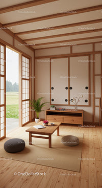 Japanese Style Interior with Wooden Accents and Shoji Screens