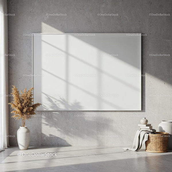 Minimalist interior with blank canvas and natural decor JPG Mockup Image