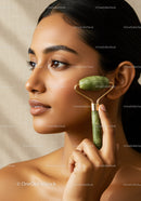 Close-Up of a Young Woman with Glowing Skin Using a Jade Roller