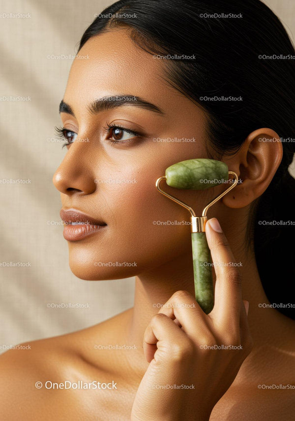 Close-Up of a Young Woman with Glowing Skin Using a Jade Roller