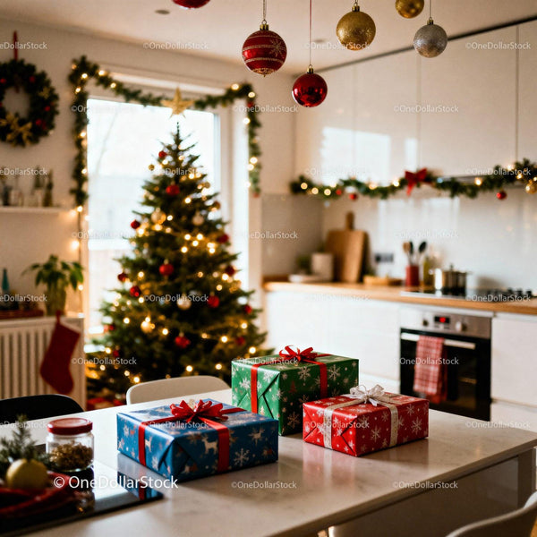Cozy Christmas kitchen with decorated tree and gifts