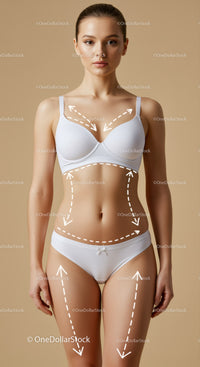 Elegant Young Woman in White Lingerie with Dotted Arrows for Body Mapping