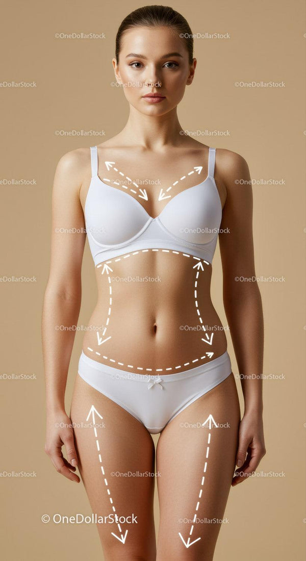 Elegant Young Woman in White Lingerie with Dotted Arrows for Body Mapping