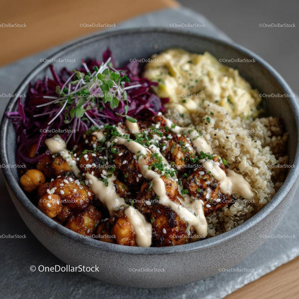 Protein-rich Quinoa and Chickpeas Grain Bowl with Microgreens