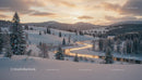 Snowy landscape with decorated pine trees and winding river