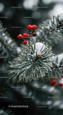 Snow-covered pine needles with vibrant red winter berries