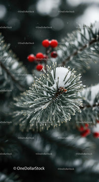 Snow-covered pine needles with vibrant red winter berries