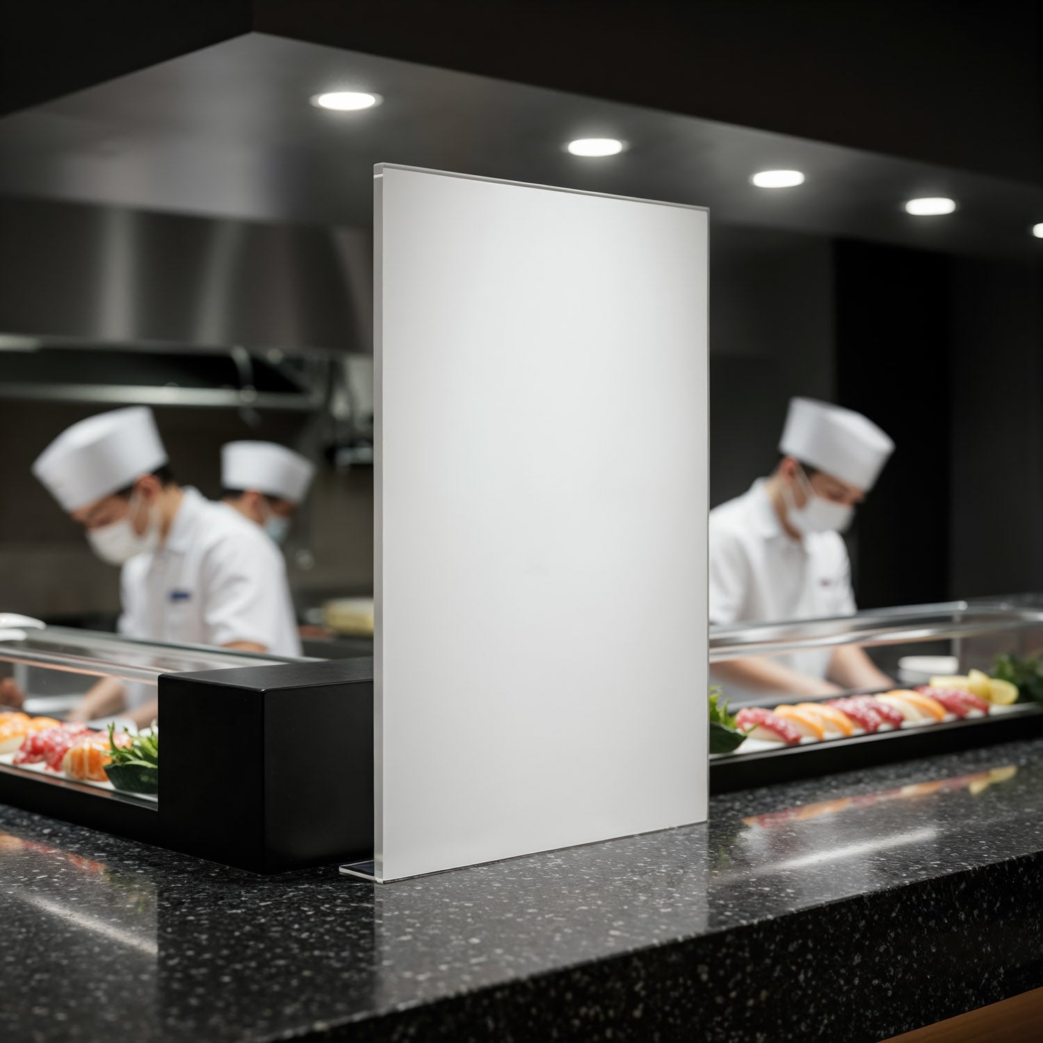 Sushi chefs preparing fresh dishes behind blank menu board
