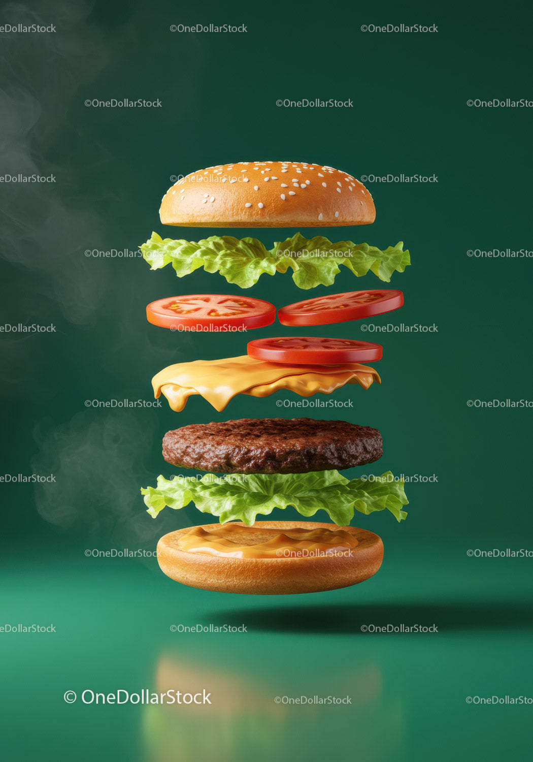 Deconstructed Cheeseburger with Fresh Ingredients Floating