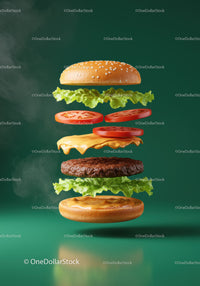 Deconstructed Cheeseburger with Fresh Ingredients Floating