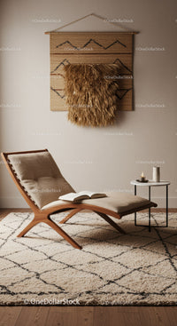 Cozy modern lounge chair with textured decor and book