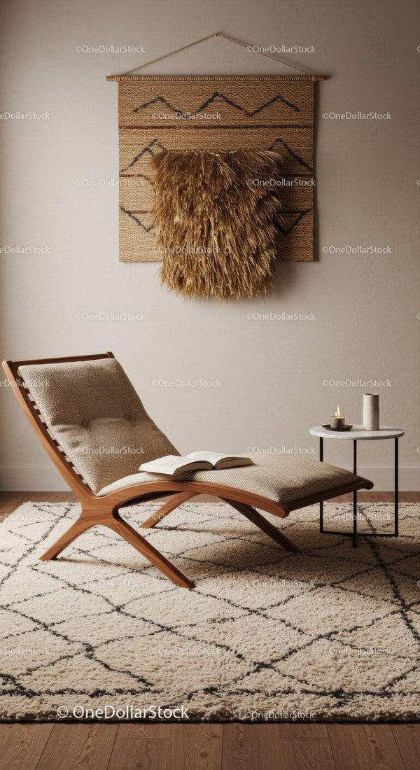 Cozy modern lounge chair with textured decor and book