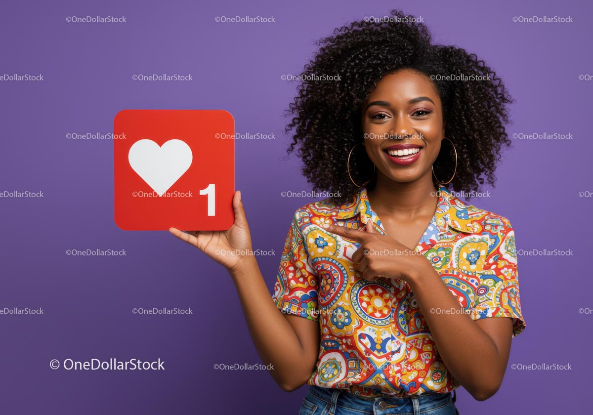 Colorful Woman Holding Social Media Like Icon with Bright Background