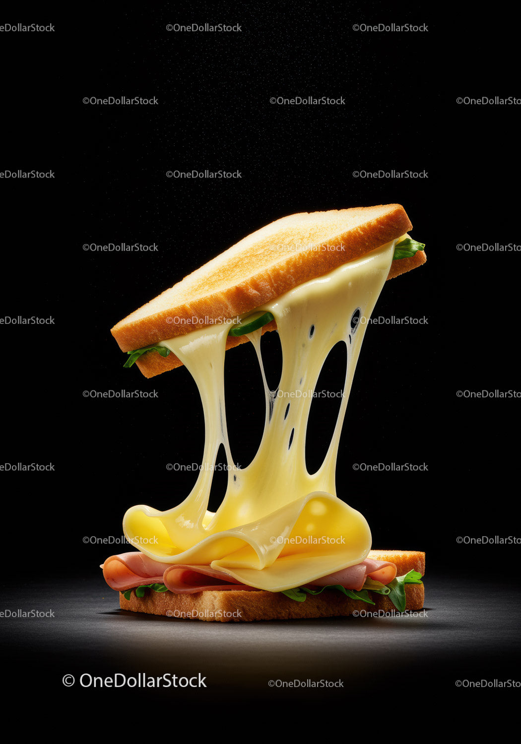 Melted cheese sandwich with ham and lettuce closeup