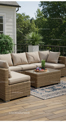 Stylish Outdoor Wicker Sofa Set on Garden Deck with Greenery
