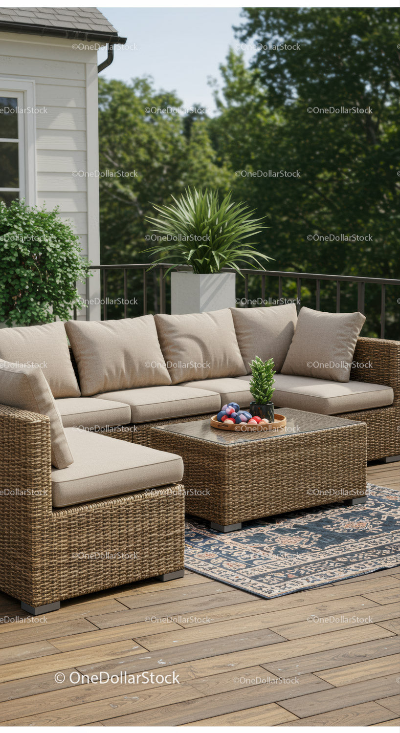 Stylish Outdoor Wicker Sofa Set on Garden Deck with Greenery
