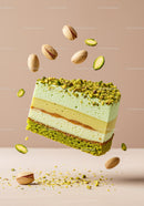 Delicate pistachio mousse cake slice with nuts