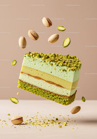 Delicate pistachio mousse cake slice with nuts