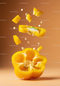Yellow bell pepper sliced with seeds flying in air
