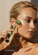 Woman Using Jade Roller for Facial Massage with Clear Skin and Natural Glow