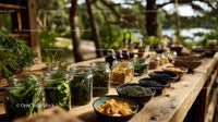 Collection of Fresh and Dried Herbs on Rustic Wooden Table Outdoor