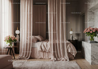 Elegant bedroom with soft pink curtains and fresh roses