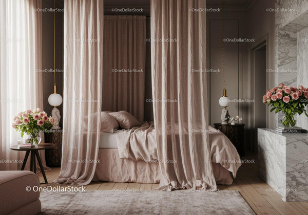 Elegant bedroom with soft pink curtains and fresh roses