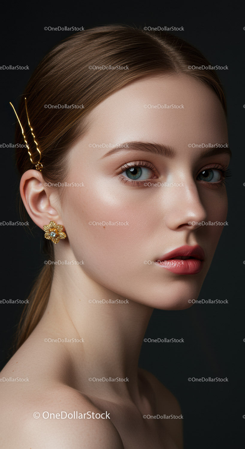 Portret eleganckiej kobiety ze złotą biżuterią i stylowymi dodatkami do włosów