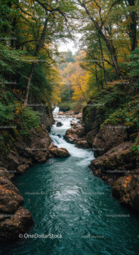 Autumn Forest Stream with Flowing Water and Rocky Surroundings