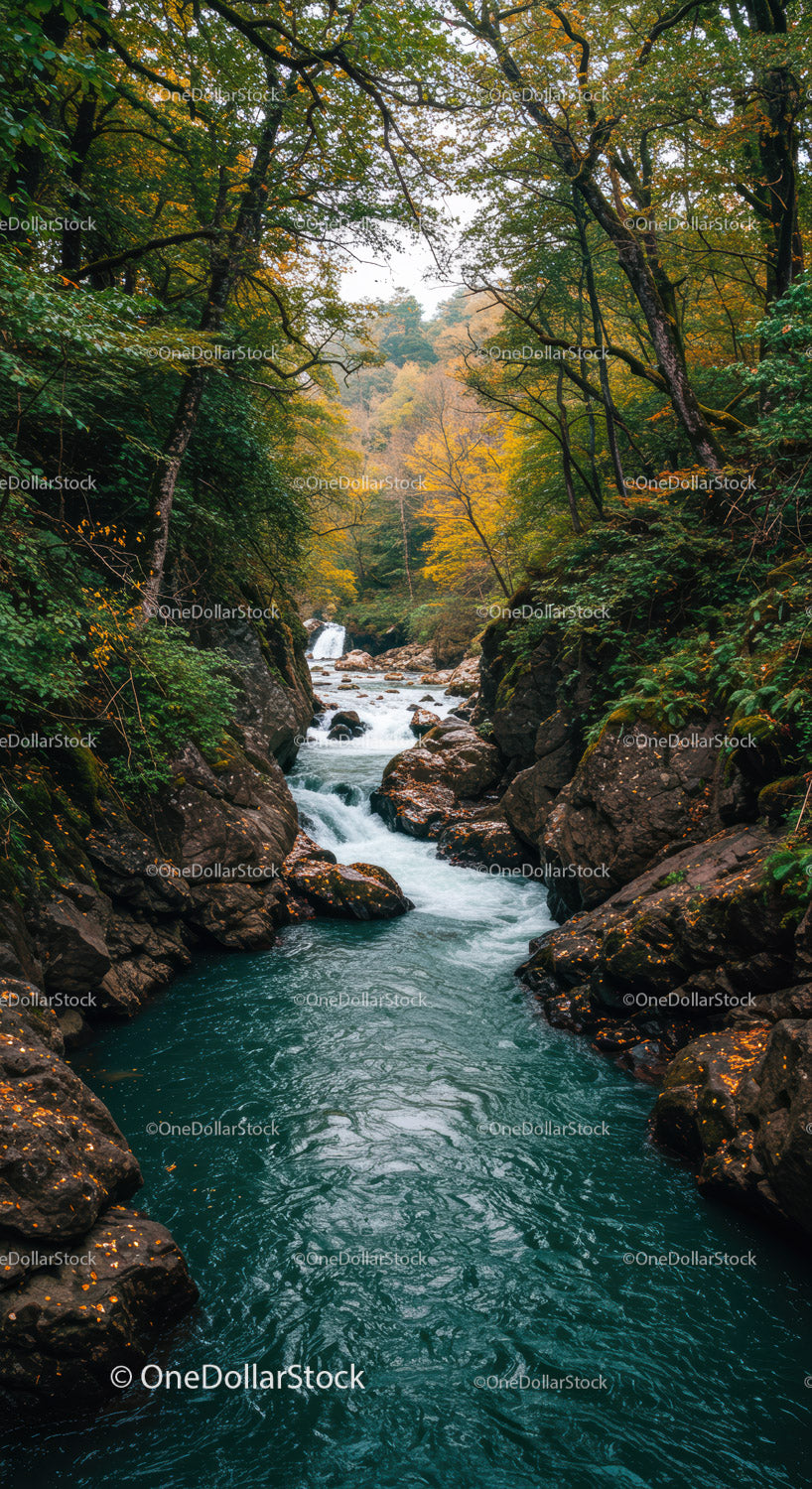 Autumn Forest Stream with Flowing Water and Rocky Surroundings