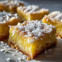 Tasty Coconut Macarons with White Coconut Flakes on Yellow Cake Base