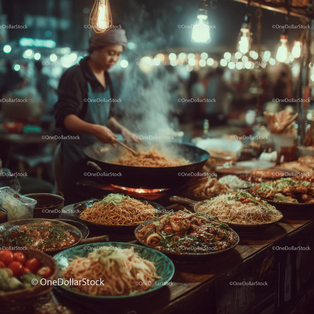 Stir-fried Noodles in a Street Market with Bustling Atmosphere